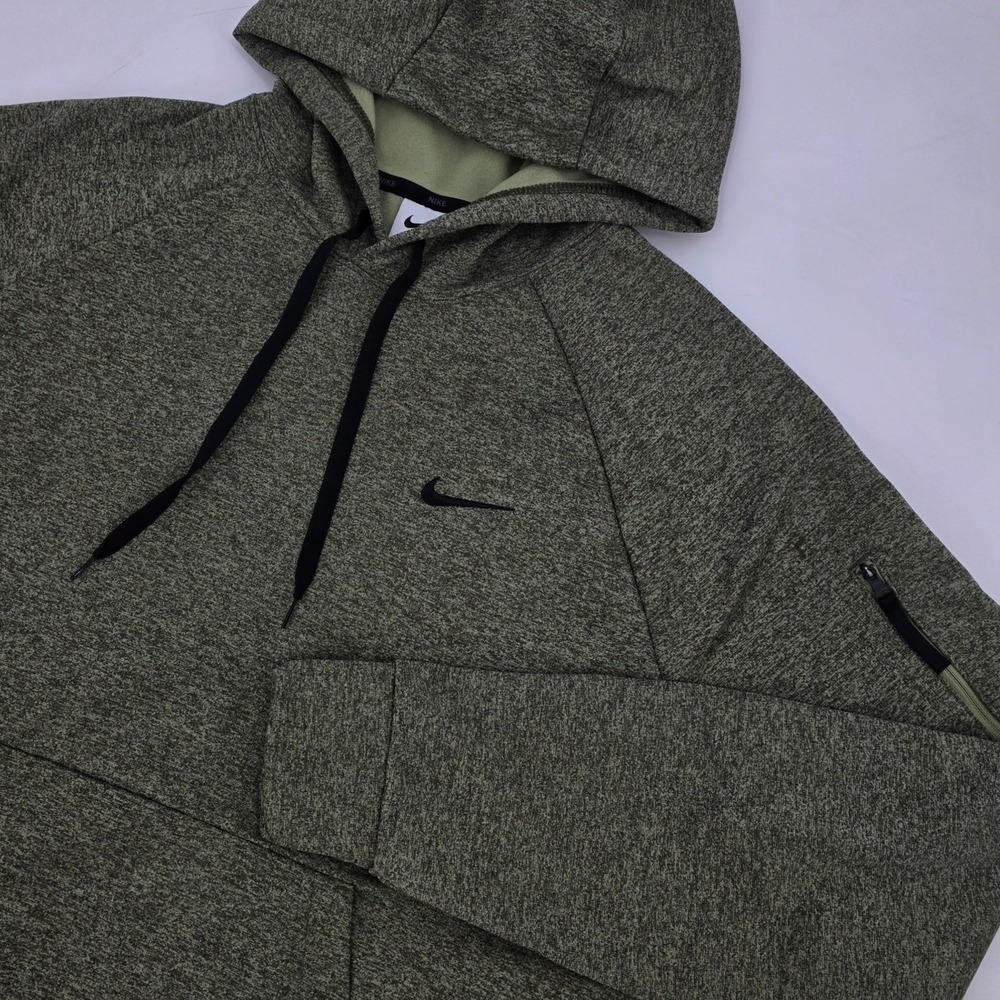NIKE THERMA FIT HOODIE MENS LARGE OLIVE GREEN BLACK HEATHER POCKETS SWEATSHIRT